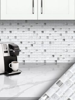 White Gray Glass Metal Kitchen Backsplash Cabinet Silestone Countertop BA1183