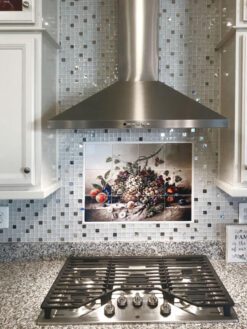 gray countertop white cabinet glass metal backsplash tile BA1183
