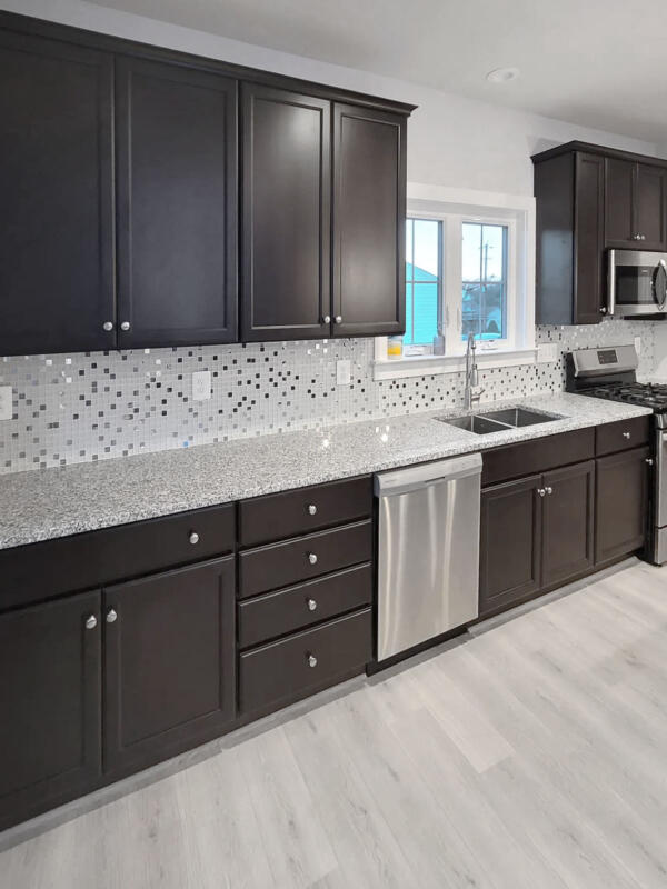 luna pearl granite countertop brown cabinet backsplash tile BA1183