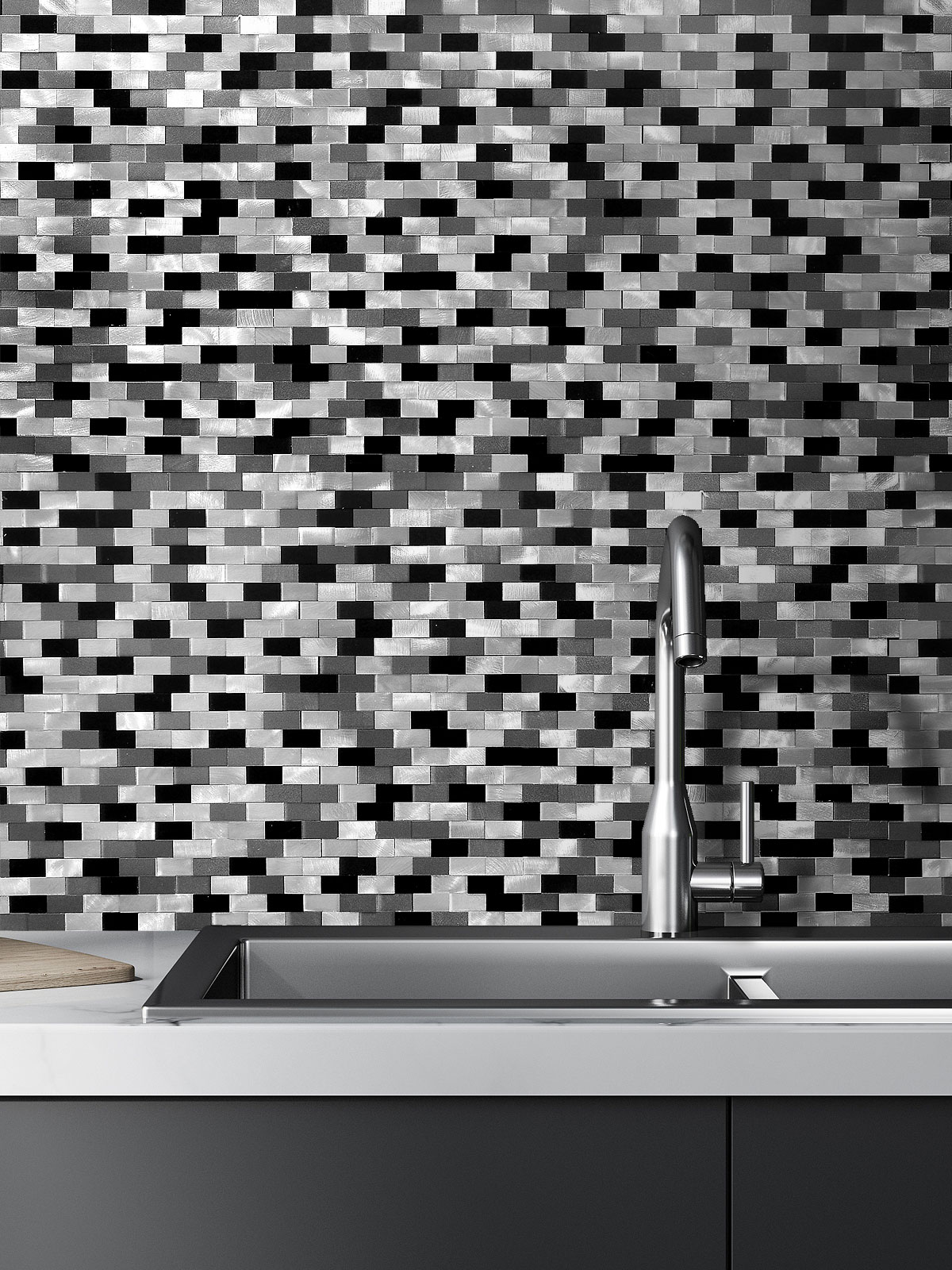 3D Gray Black Metal Backsplash Tile #metaltile #metalbacksplash #blackgraytile #metalbacksplashideas #metalmosaictiles