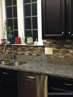 Brown Cabinet Glass Metal Kitchen Backsplash Gray Countertop