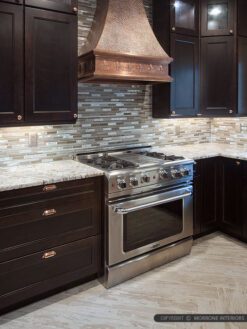 Brown Cabinet Metal Glass Backsplash Tile Granite Countertop
