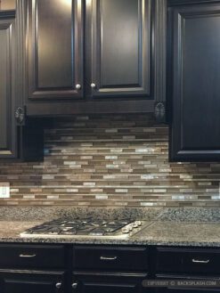 Gray Countertop Brown Cabinet Metal Glass Backsplash Tile