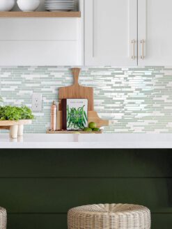 white and green cabinet quartz countertop with green backsplash tile BA1205