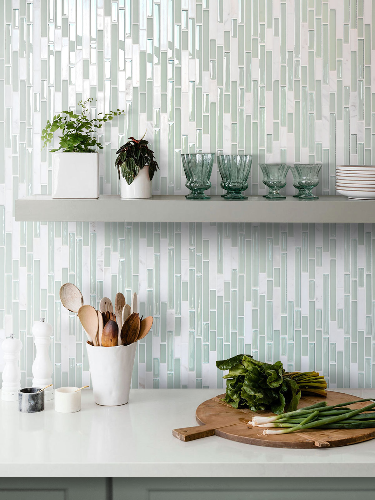 white quartz countertop green cabinet green backsplash tile BA1205