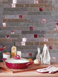 BA1046 Rusty brown color slate tile with red glass backsplash tile from Backsplash.com