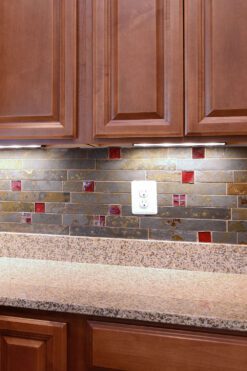 Brown cabinet Brazilian Rusty Slate Subway Glass Backsplash Tile BA1046