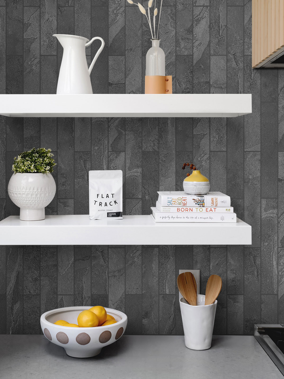 Gray quartz countertop with black slate mosaic BA1045