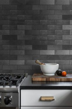 black granite countertop white cabinet black slate subway backsplash tile BA1070