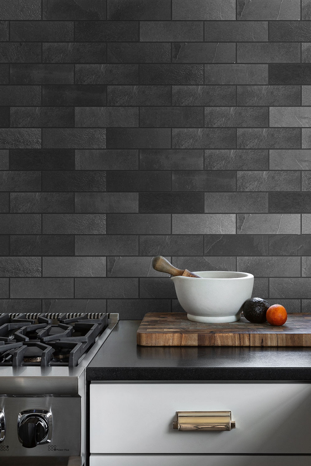 black granite countertop white cabinet black slate subway backsplash tile BA1070