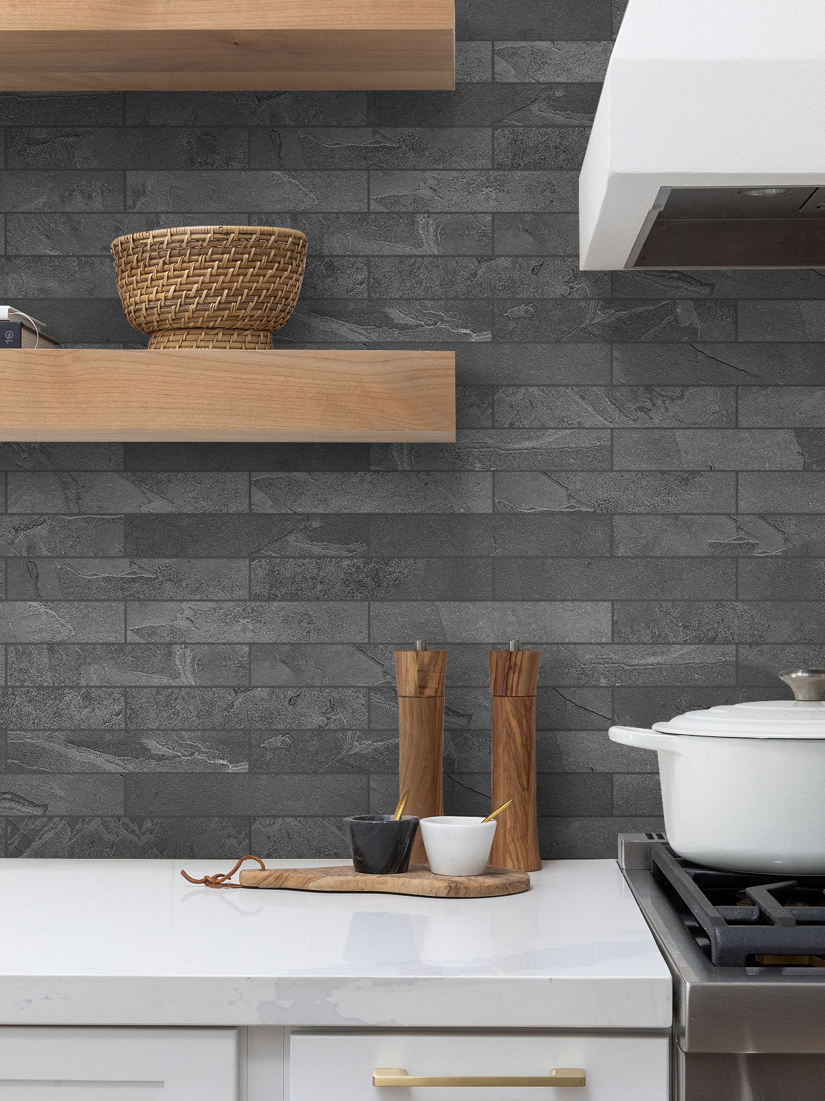 black subway slate mosaic tile white kitchen BA1045