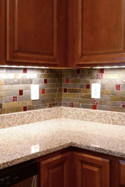 brown cabinet countertop brazilian slate and glass bacskplash tile BA1046