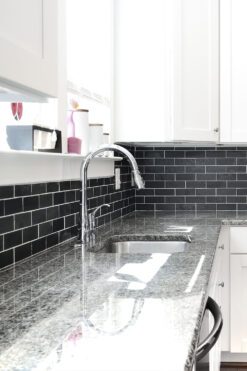 white cabinet new caledonia granite countertop slate subway bacskplash tile BA1070