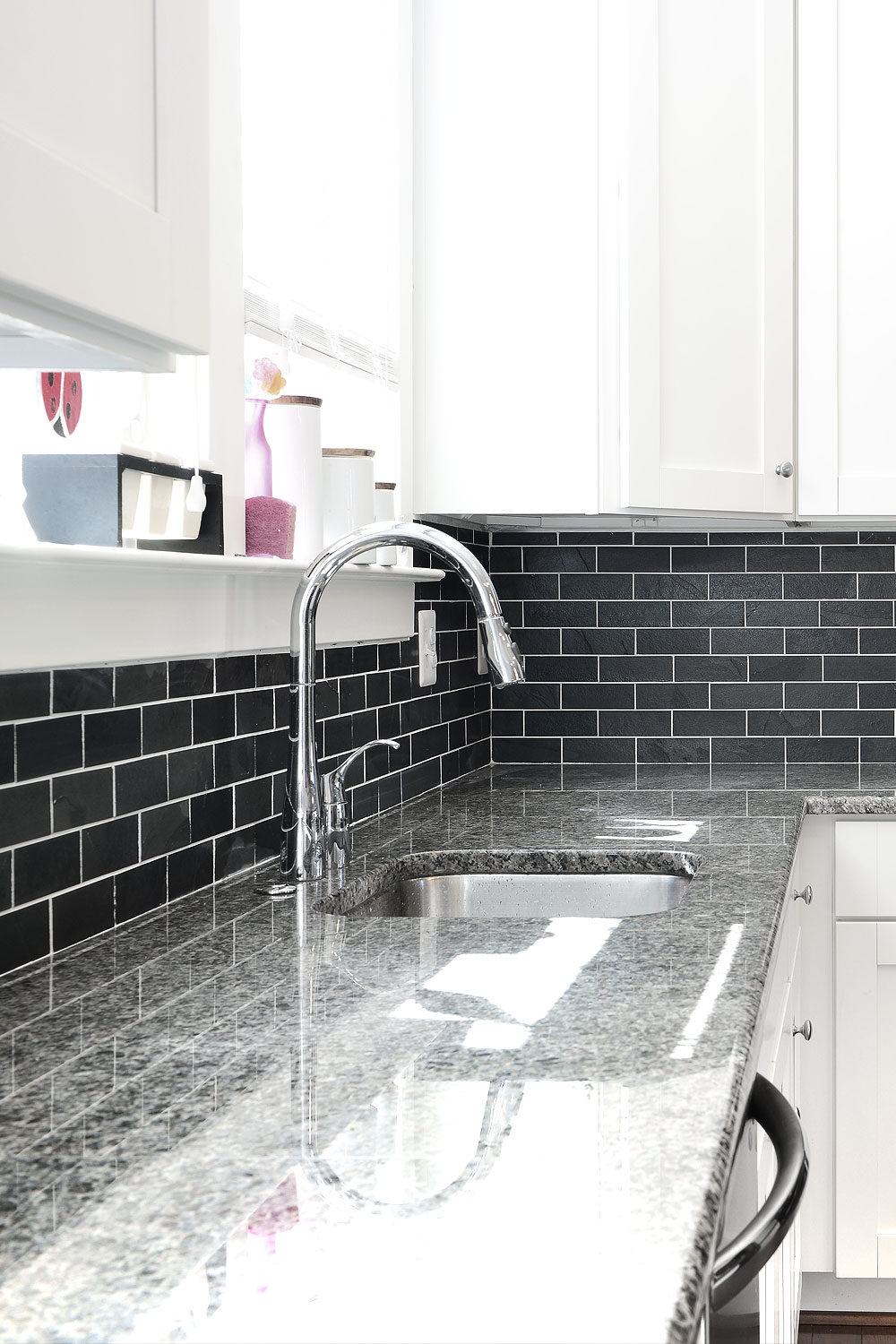 white cabinet new caledonia granite countertop slate subway bacskplash tile BA1070