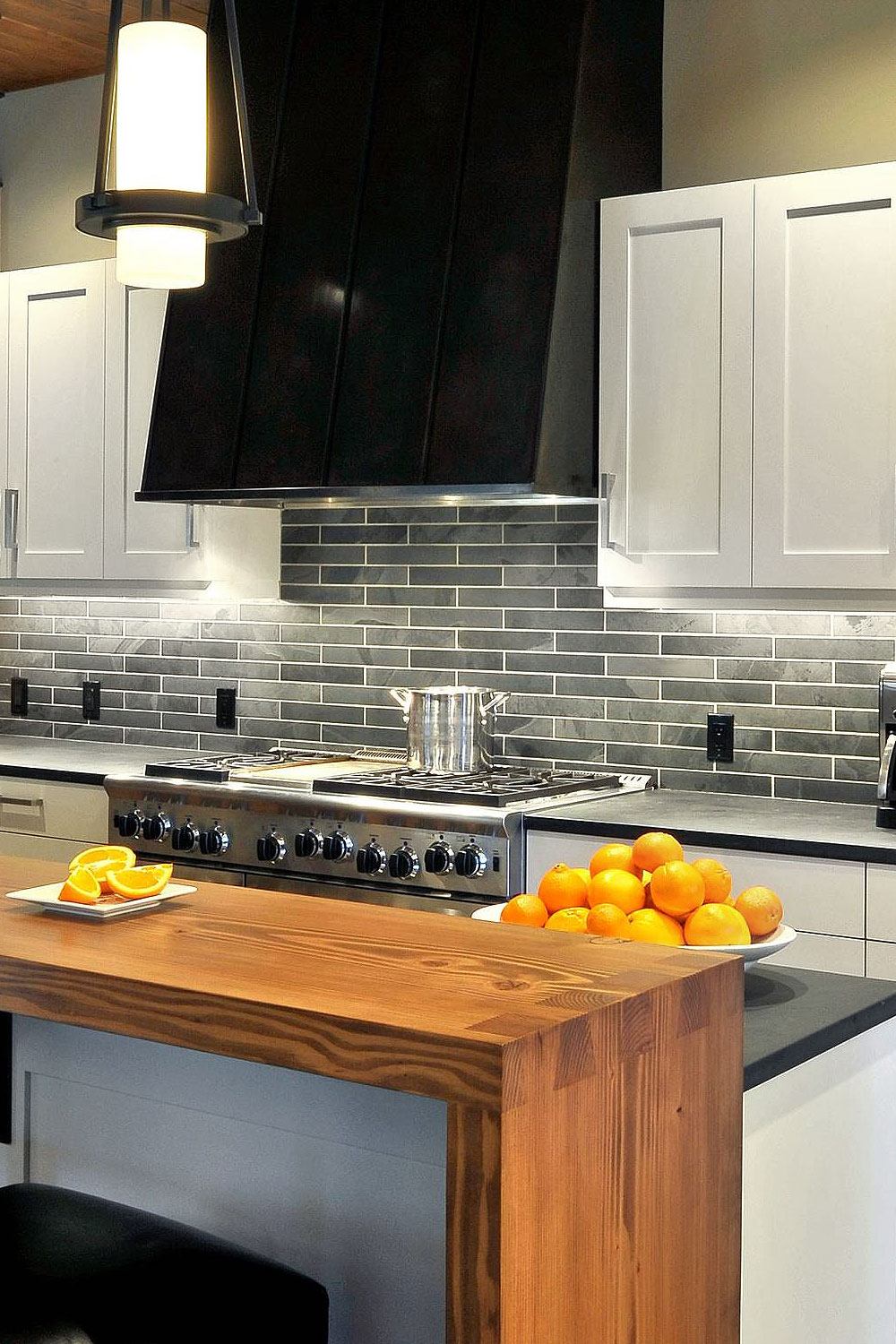 white cabinets black countertop with slate subway backsplash tile BA1045
