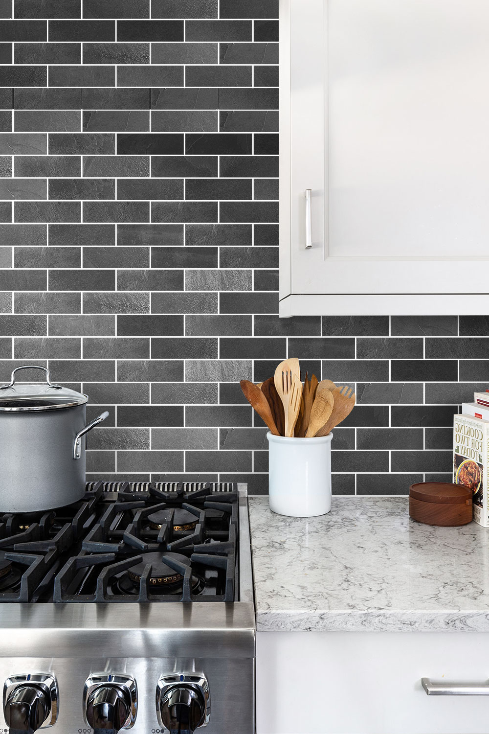 white quartz countertop white backsplash black slate subway backsplash tile BA1070