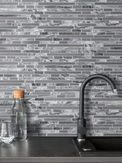 Gray glass marble kitchen backsplash cabinet cambria quartz countertop BA1037