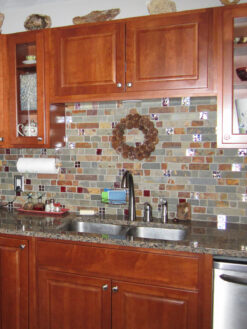 Baltic Brown Countertop with Slate Burgundy Glass Backsplash Tile BA1026