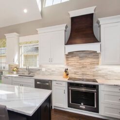 Bronze hood white kitchen cabinets maple floor modern subway backsplash tile BA1034