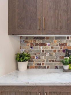 Brown Cabinet with Slate Burgundy Glass Backsplash Tile BA1026