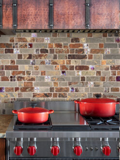 Brown Granite Countertop with Slate Burgundy Glass Backsplash Tile BA1026