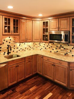 Brown cabinets quartz countertop travertine backsplash tile 3 BA1025