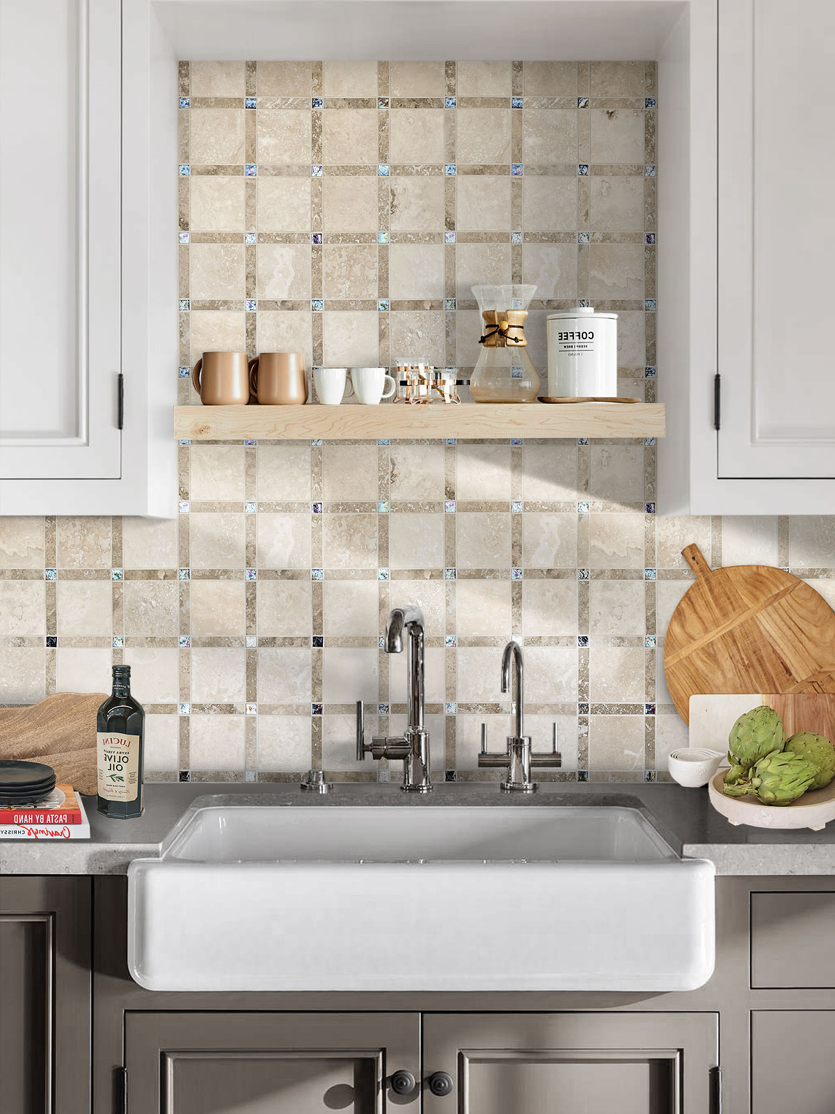 Brown framhouse sink cabinet with beige travertine backsplash tile