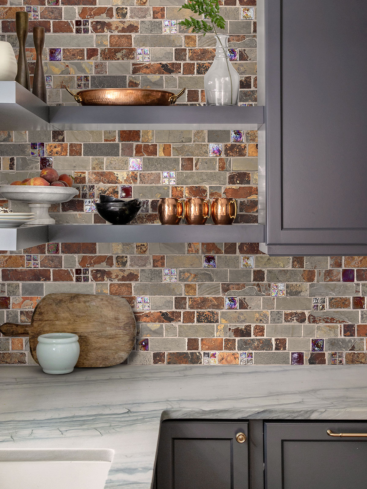 Gray Granite Countertop with Slate Burgundy Glass Backsplash Tile BA1026