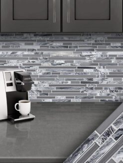 Gray glass marble kitchen backsplash cabinet cambria quartz countertop BA1037