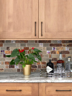 Light Brown Cabinet with Slate Burgundy Glass Backsplash Tile BA1026