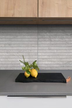 Modern Kitchen Brown Cabinet Gray Quartz Countertop Backsplash Tile