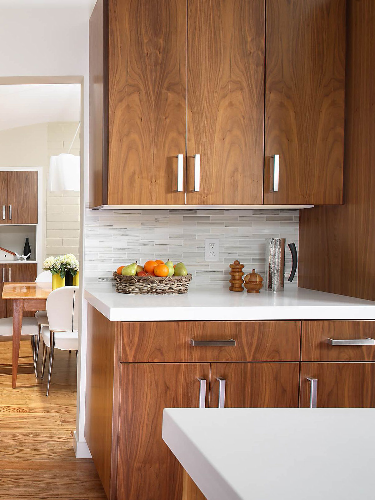 Modern brown cabinet white quartz countertop subway marble backsplash tile BA1034