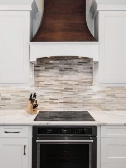 Modern white cabinet sink quartz countertop bronze hood subway marble backsplash tile BA1034