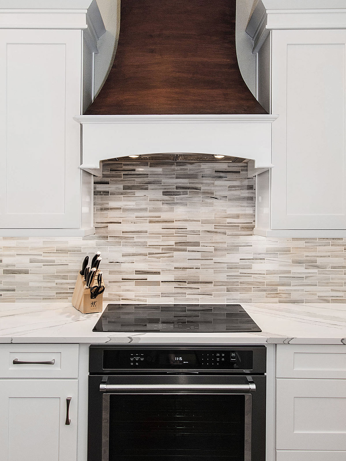 Modern white cabinet sink quartz countertop bronze hood subway marble backsplash tile BA1034