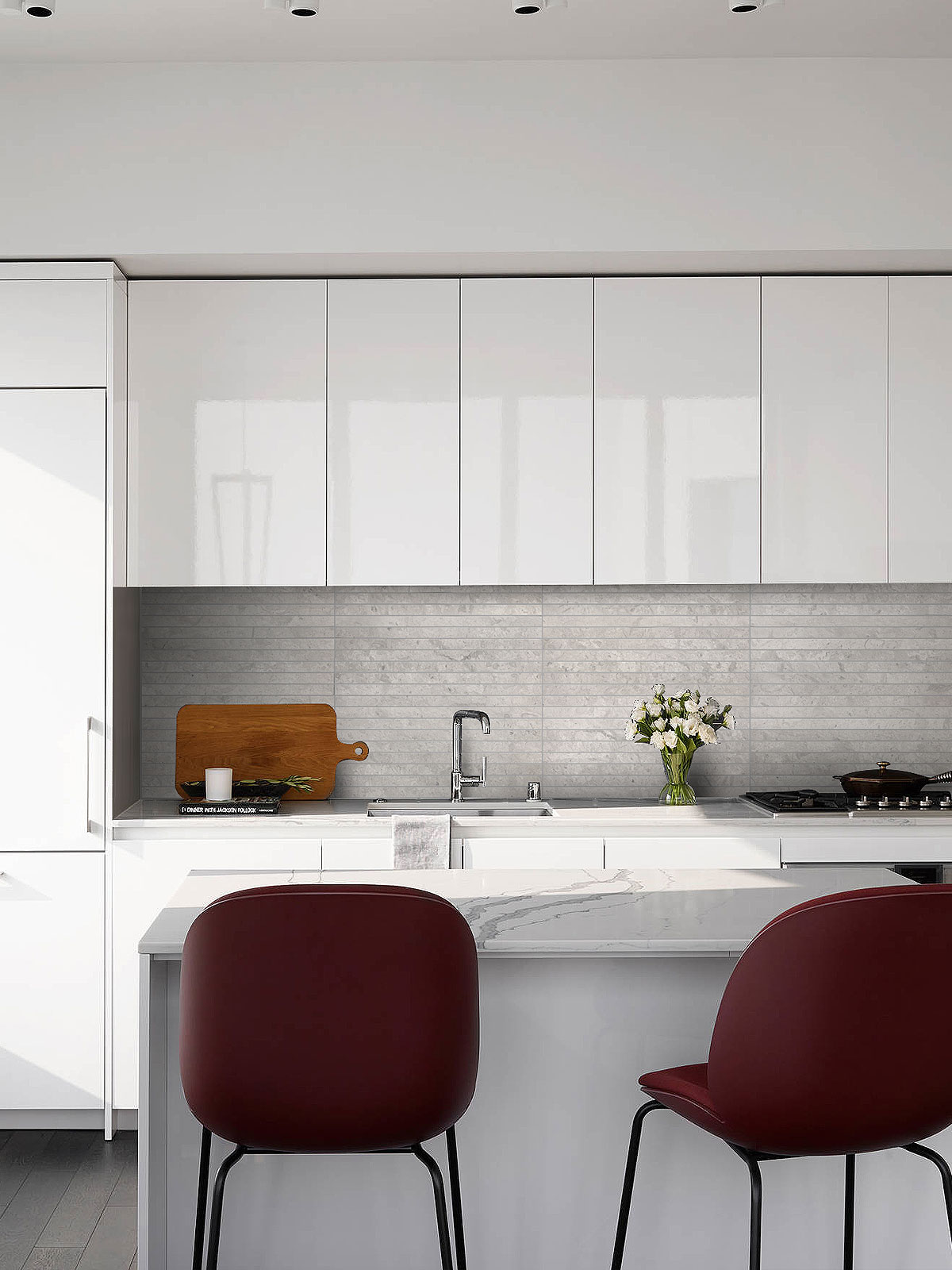 Modern white kitchen with gray backsplash tile