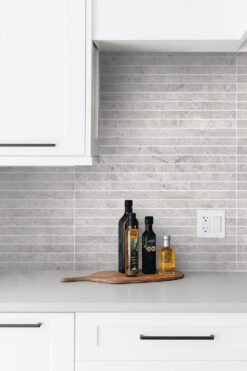 White Cabinets Transitional Kitchen Gray Backsplash