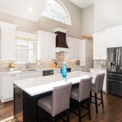 White quartz countertop island kitchen cabinets modern subway backsplash tile BA1034