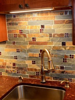 Slate and Burgundy Glass Backsplash Tile Red Brown Quartz Countertop BA1026