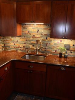 Slate and Burgundy Glass Backsplash Tile Red Brown Quartz Countertop BA1026