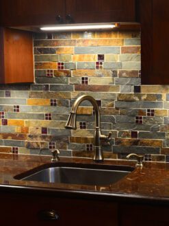 Slate and Burgundy Glass Backsplash Tile Red Brown Quartz Countertop BA1026