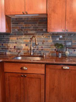 Slate and Burgundy Glass Backsplash Tile Red Brown Quartz Countertop BA1026
