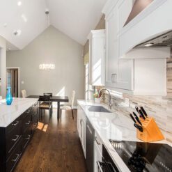 white espresso kitchen cabinets maple floor modern subway backsplash tile BA1034