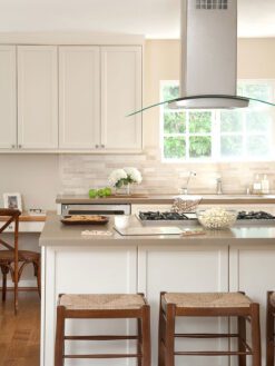 Beige kitchen ivory travertine tile backsplash