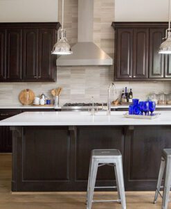 Gray subway modern kitchen backsplash with espresso kitchen cabinet white countertop BA2007 from backsplash.com