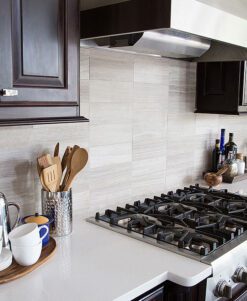 Gray subway modern kitchen backsplash with espresso kitchen cabinet white countertop BA2007 from backsplash.com