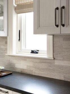 Black Granite Countertop With Warm Gray Marble Subway Backsplash Tile BA2007