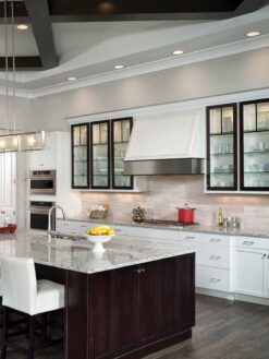 Gray Granite Countertop Brown Cabinet Warm Gray Marble Subway Backsplash Tile BA2007