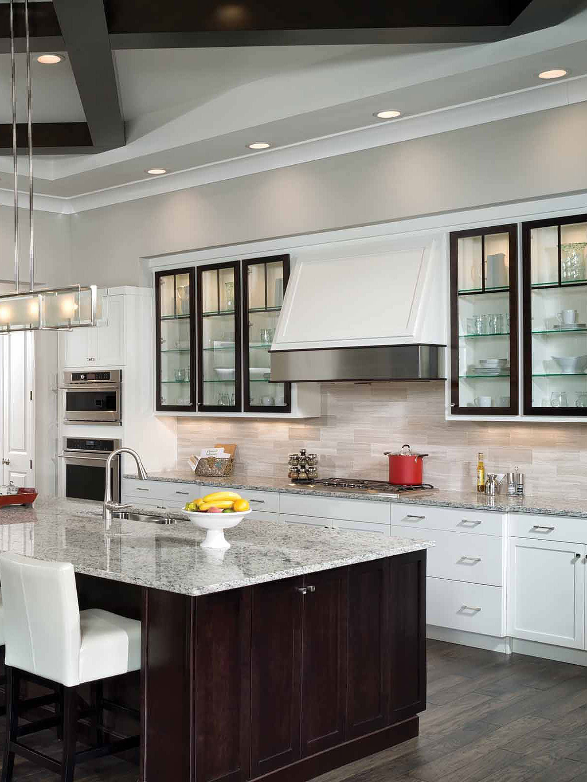 Gray Granite Countertop Brown Cabinet Warm Gray Marble Subway Backsplash Tile BA2007