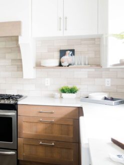 Two Tones Cabinet With Warm Gray Marble Subway Backsplash Tile BA2007
