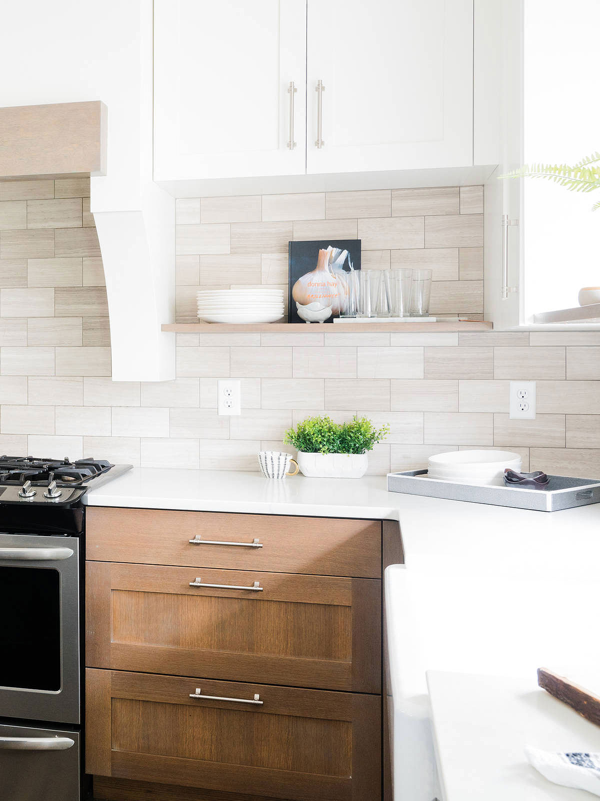 Two Tones Cabinet With Warm Gray Marble Subway Backsplash Tile BA2007